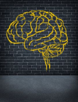 Criminal mind with a sprayed graffiti painting of a human brain on an old outdoor street brick wall as a health care and legal symbol of criminal behavior and problems in social behavior.