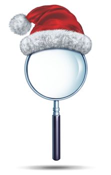Christmas search and winter holiday searching symbol as a magnifying glass with a red santa clause hat on a white background as a concept of finding ideas and solutions for the festive season.