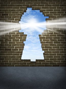 Break through and the solution or answer to success as a breaking down walls concept for business or a free your mind icon for personal concepts with an old urban brick wall with a damaged hole in the shape of a key hole.