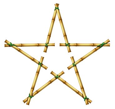 Bamboo sticks in the shape of a star as an exotic decorative hot tropical climate design element made with poles tied by green grass rope on an isolated white background representing success in hot climate nature.