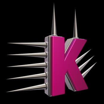 letter k with metal prickles on black background - 3d illustration