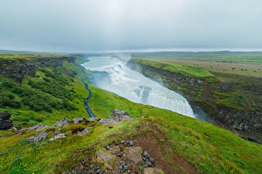 Gullfoss (Golden Falls) waterfall and rainbow in the Iceland