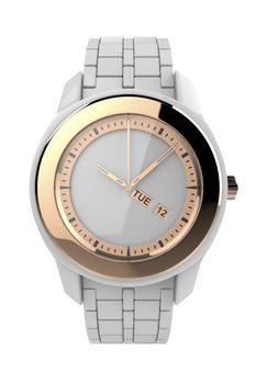 White ceramic wristwatch with pink gold elements, isolated on white