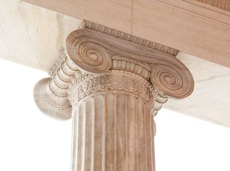 Closeup of capital (volute and abacus) of a nineteenth century neoclassical ionic column located in the porch of the Archaeological Museum of Athens, Greece.