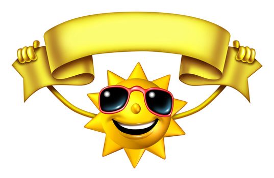 Sun character holding a blank banner sign ribbon for hot seasonal fun advertising and presentation and a symbol of vacation and relaxation under with sunny weather isolated on white.