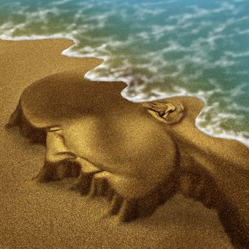 Memory problems due to Dementia and Alzheimer's disease as a medical health care aging concept with a head and brain sculpted from sand on the beach with the ocean washing the function away with the tide.
