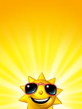 Happy sunrise sun character wearing glasses or a sunset concept with a bright warm yellow background with radiating light beams with a blank area for your text.