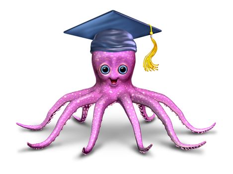 Education and learning character with a fun three dimensional friendly school octopus with a graduation hat as a symbol of preschool and elementary development and creativity on a white background.