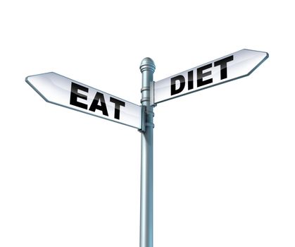 Eating and dieting street sign isolated on a white background as a health care symbol of the struggles and dilemma faced by diet and to eat well and living a healthy lifestyle and avoid junk food.