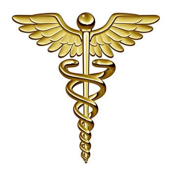 Caduceus medical symbol as a health care and medicine icon with snakes crawling on a pole with wings on golden metal texture isolated on a white background.