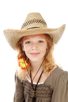 Young girl with western hat over white background