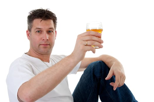 Cheers, man is toasting with glass of beer over white background
