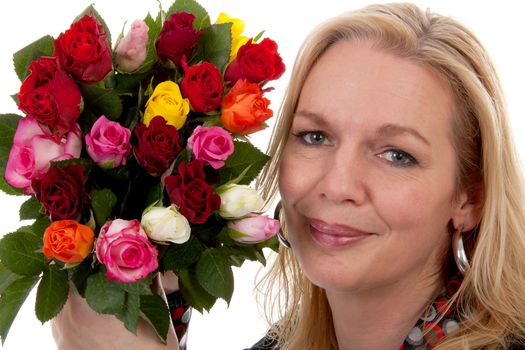 portrait of woman with bouquet of colorful roses over white backgorund