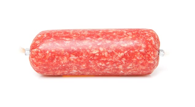 One raw fresh packed sausage over white background 
