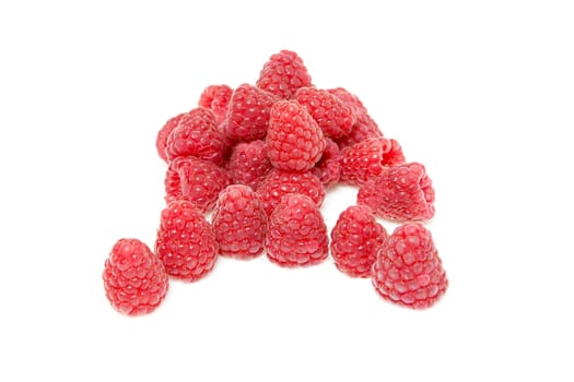 Pile of fresh raspberries isolated on white background