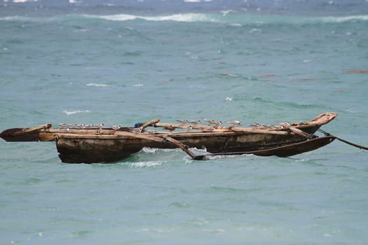 Ocean going canoe with gulls in Indian ocean near Kenya