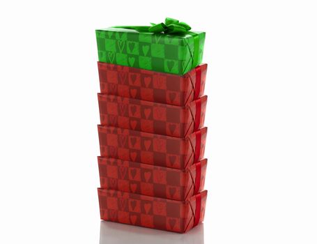 stack of red presents isolated on white with green on top