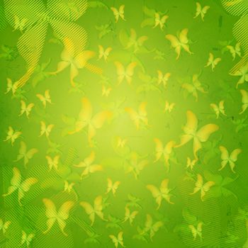 vintage green background with striped butterflies over old paper