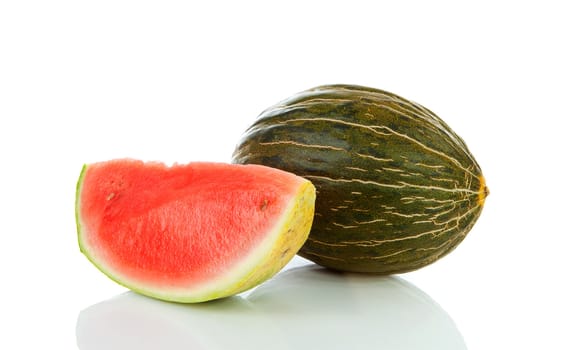 Slice of juicy water melon over white background