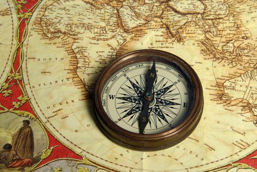 Treasure map, old navigation system, compass and direction