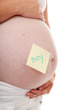Pregnant belly with sticky note Boy over white background