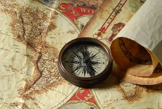 Treasure map, old navigation system, compass and direction