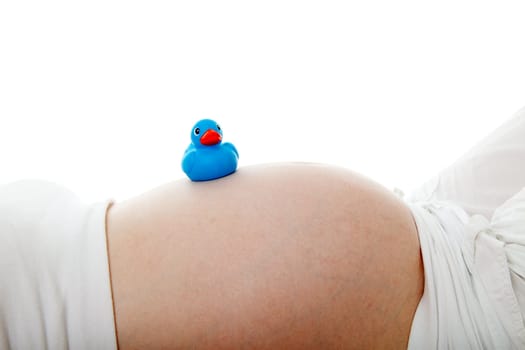 Pregnant belly with blue rubber duck over white background