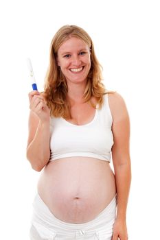 Woman is holding pregnancy test over white background
