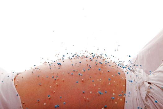 Pregnant belly with blue falling mice over white background