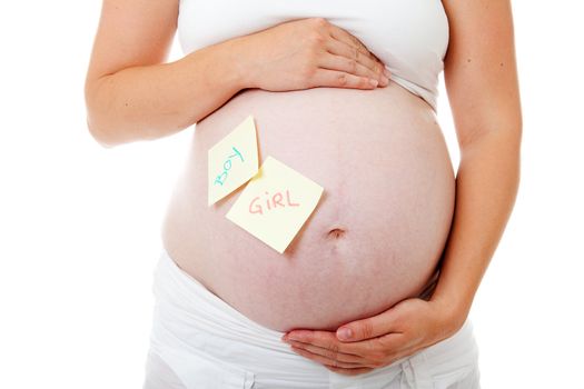 Pregnant belly with sticky notes over white background