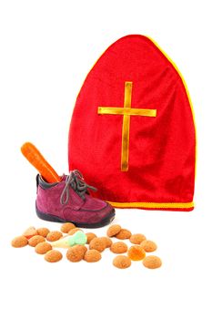 Mitre also know as mijter of Sinterklaas and pepernoten, part of typical Dutch tradition, isolated on white background 
