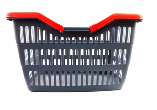 empty grey shopping basket with red handles isolated on white background