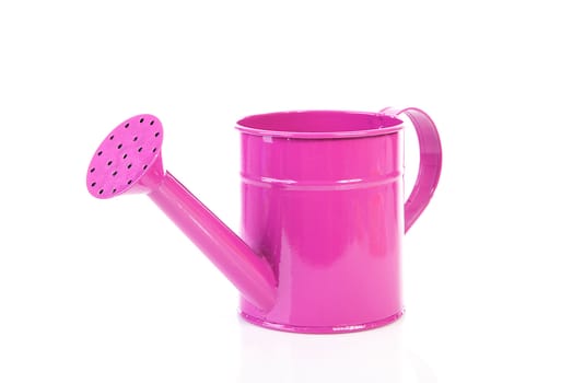 one pink watering can over white background