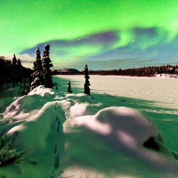 Spectacular display of intense Northern Lights or Aurora borealis or polar lights forming green arc over snowy winter landscape