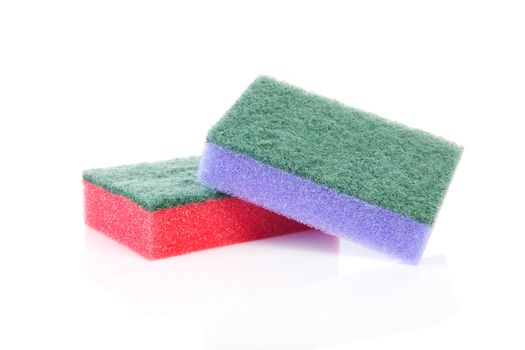 Two colorful sponge scourer over white background