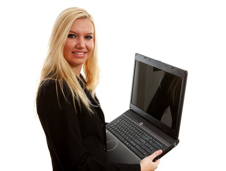 attractive young business woman with laptop over white background