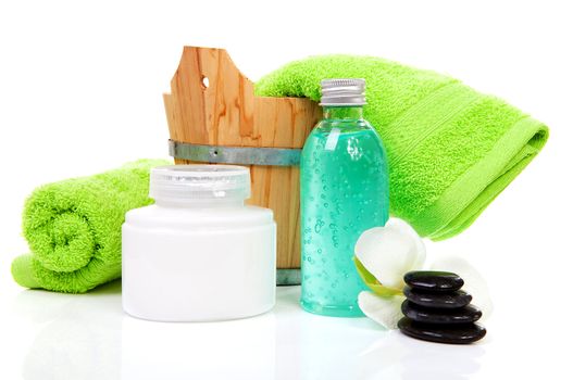 accessories for spa or sauna over white background 
