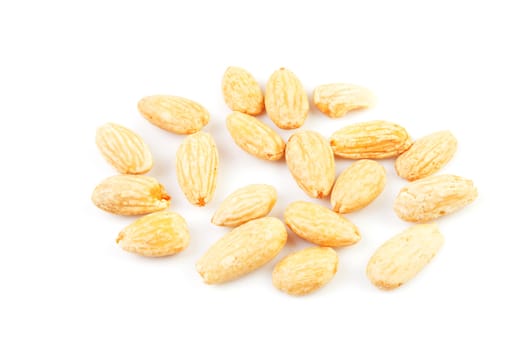 peeled fresh almond nuts over white background