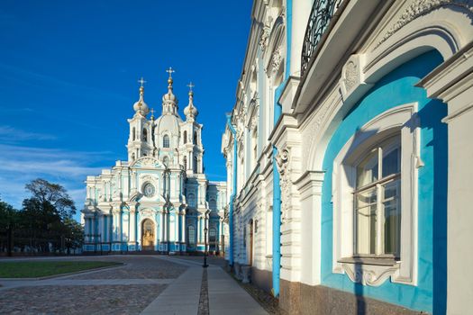 Beautiful Smolny Cathedral - a striking example of baroque architecture in St. Petersburg, Russia. The picture was taken with the tilt-shift lens, vertical lines of architecture preserved