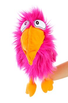 crazy pink hand puppet over white background