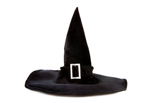 Black fabric witch hat for Halloween isolated on white background 

