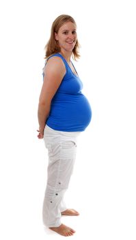 Pregnant women holding belly isolated on white background