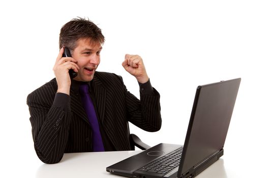 Happy business man made a deal and is cheering over white background