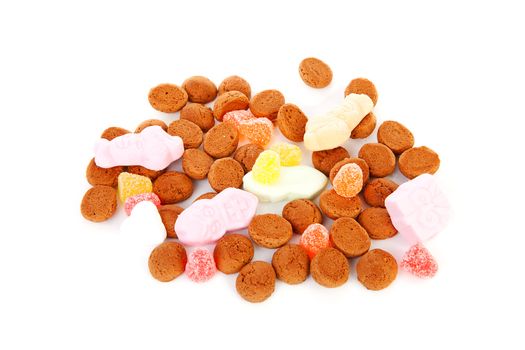 typical Dutch sweets: pepernoten (ginger nuts) for a celebration at 5 december in the Netherlands over white background