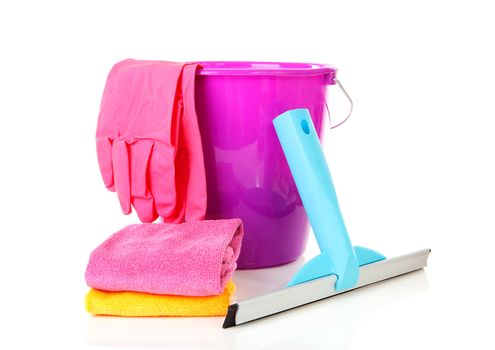 Bucket and window cleaning equipment over white background