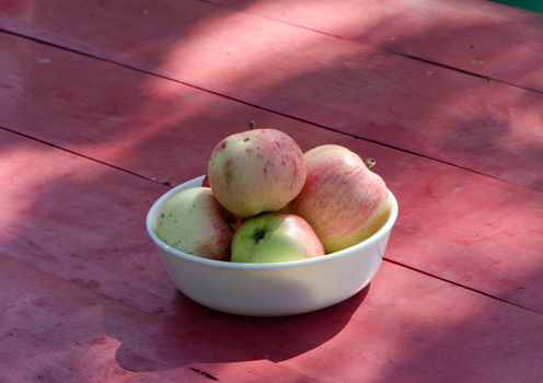 ecologic healthy apple tree fruits in white dish on red painted wooden table in rural garden yard.