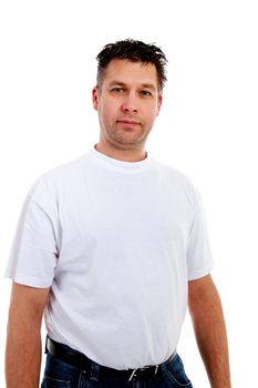 Young man is looking into camera over white background