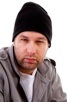 portrait of male homeless tramp over white background