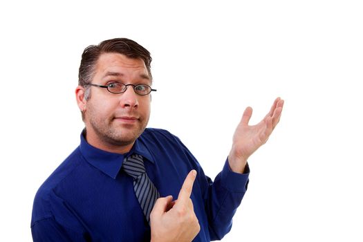 male nerdy geek is showing over white background