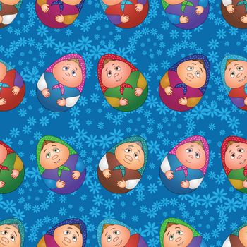 Seamless background, Russian traditional national wooden dolls Matreshka in the form of Easter eggs and blue floral pattern.